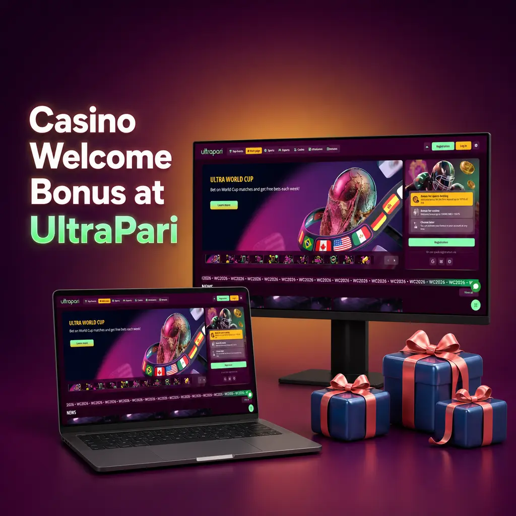 UltraPari casino welcome bonus offering 100% match up to 100 EUR for new players on first deposit