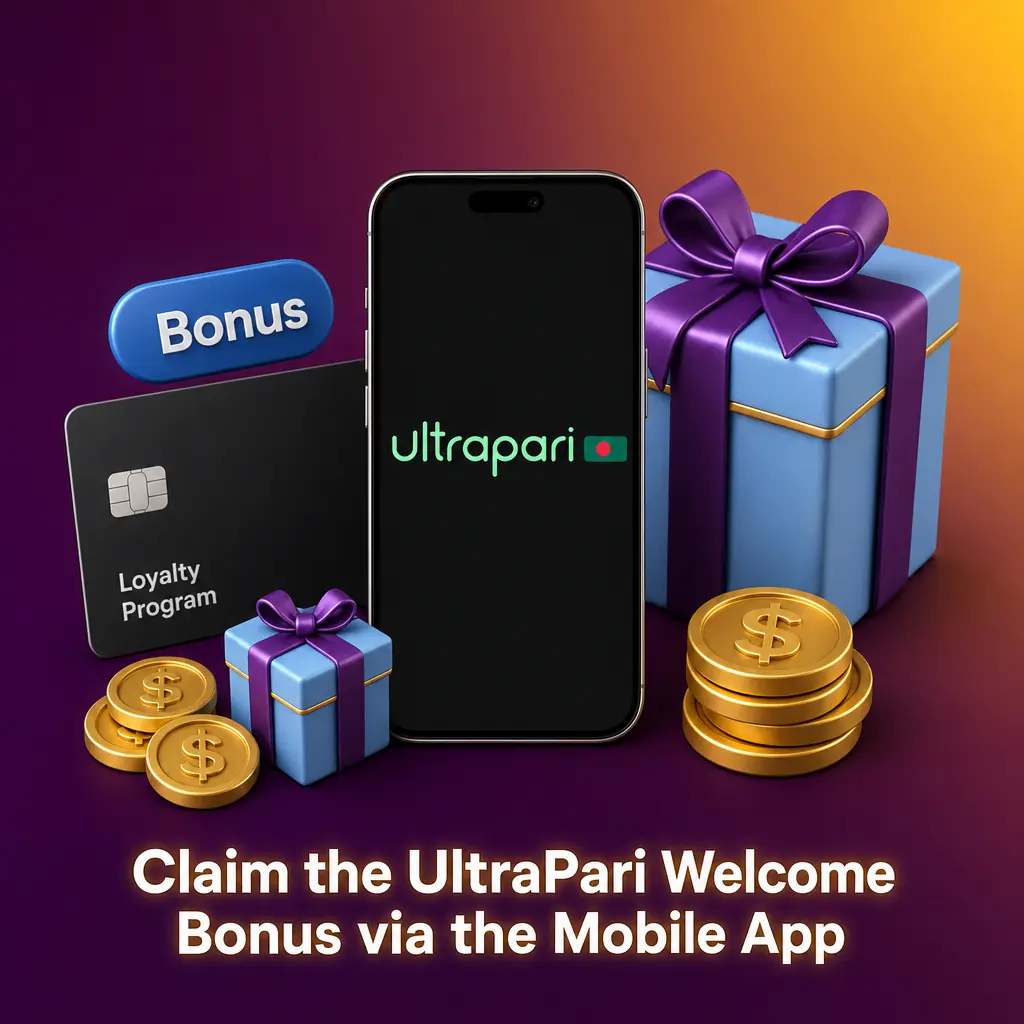 UltraPari mobile app welcome bonus registration screen on Android device showing deposit bonus claim steps