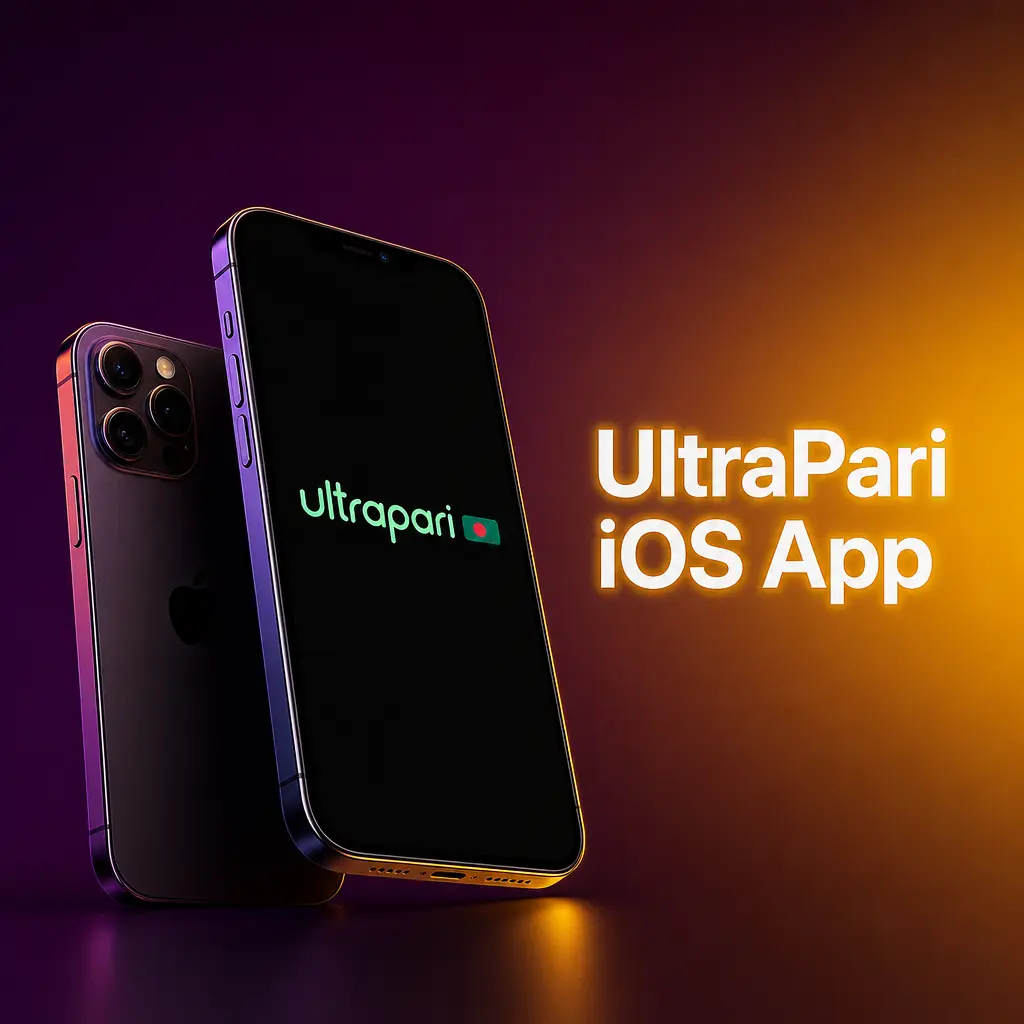 UltraPari iOS app interface on iPhone and iPad showing sports betting, live casino, and account management features