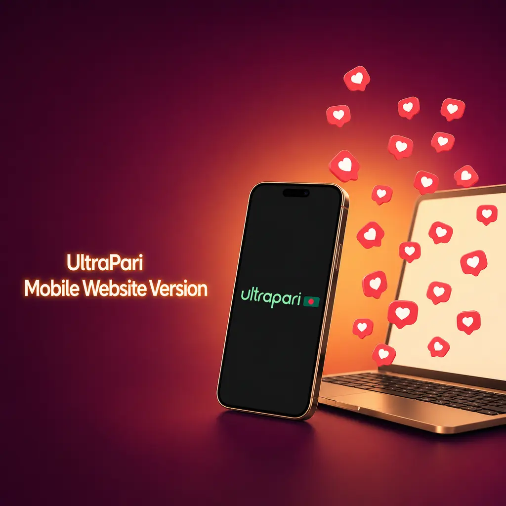 UltraPari mobile website interface displayed on smartphone and tablet, offering sports betting, live casino, and account management
